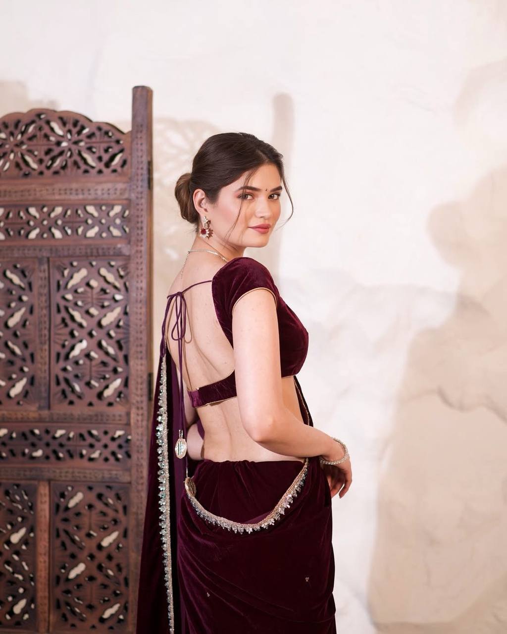 Royal Maroon Luxury Velvet Saree With Mirror Work Matching Velvet Blouse