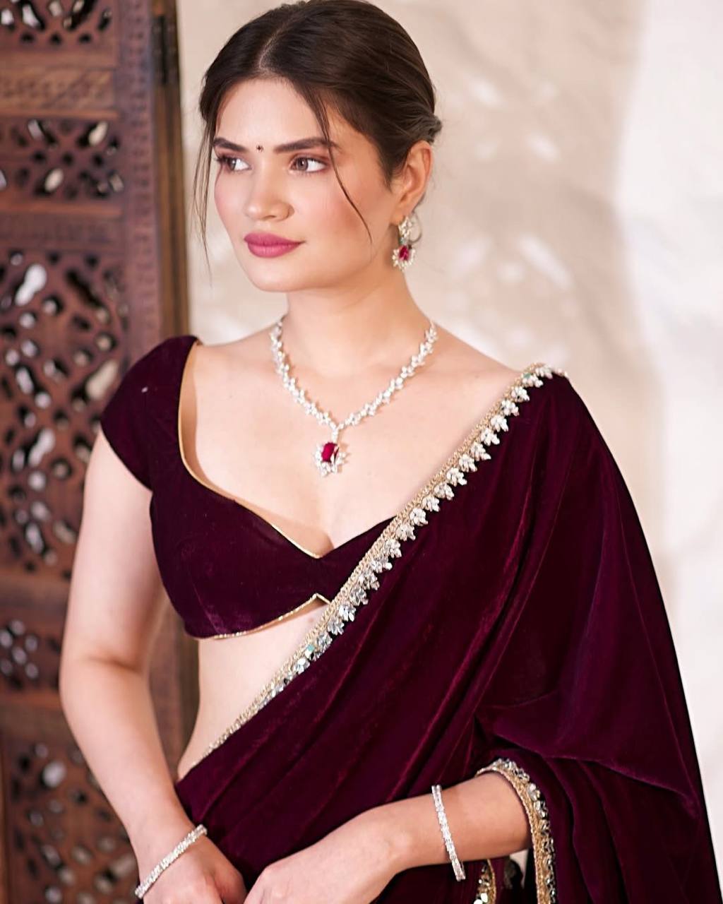 Royal Maroon Luxury Velvet Saree With Mirror Work Matching Velvet Blouse