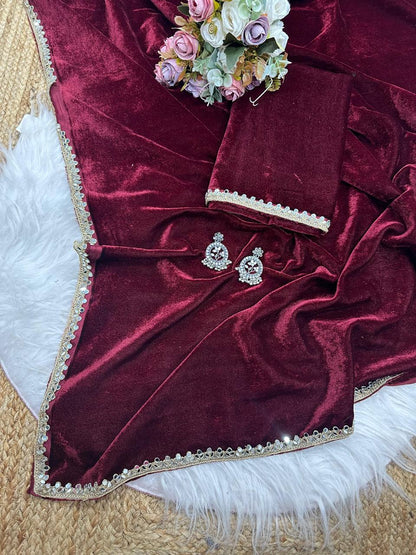 Royal Maroon Luxury Velvet Saree With Mirror Work Matching Velvet Blouse