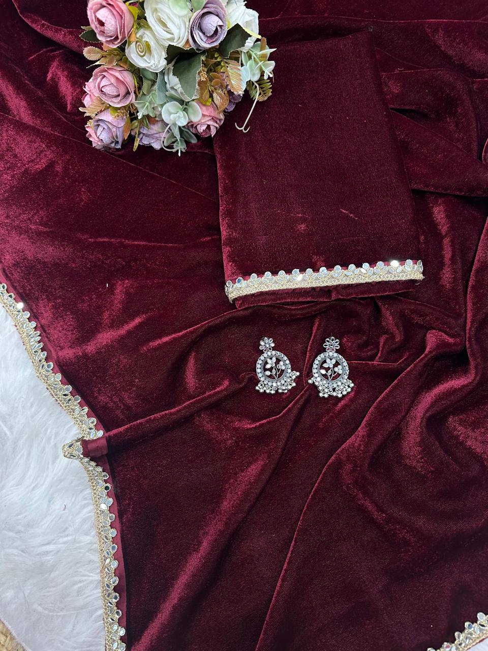 Royal Maroon Luxury Velvet Saree With Mirror Work Matching Velvet Blouse