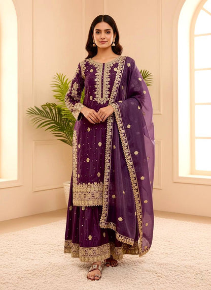 Royal Purple Designer Natural Crepe Silk Plazzo suit and Dupatta