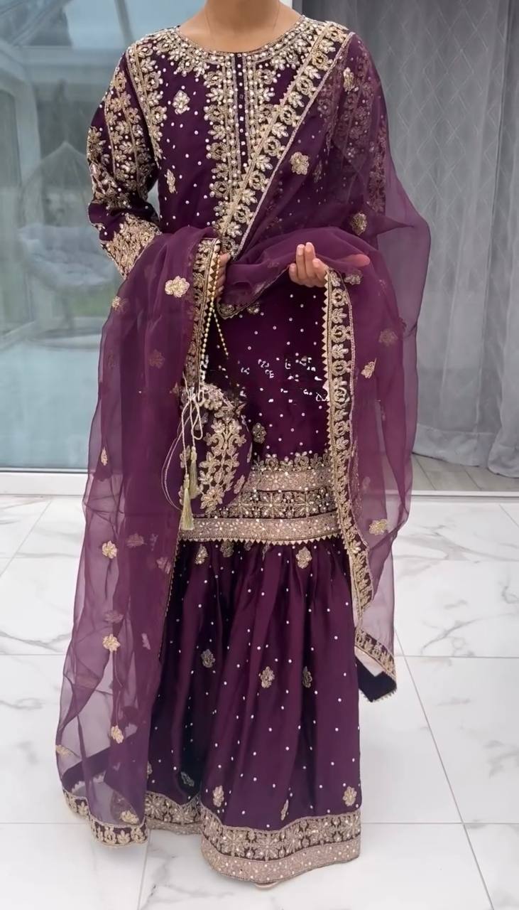 Royal Purple Designer Natural Crepe Silk Plazzo suit and Dupatta