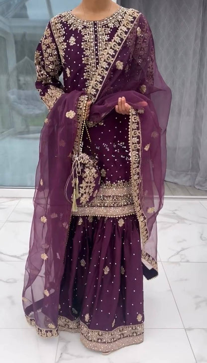 Royal Purple Designer Natural Crepe Silk Plazzo suit and Dupatta