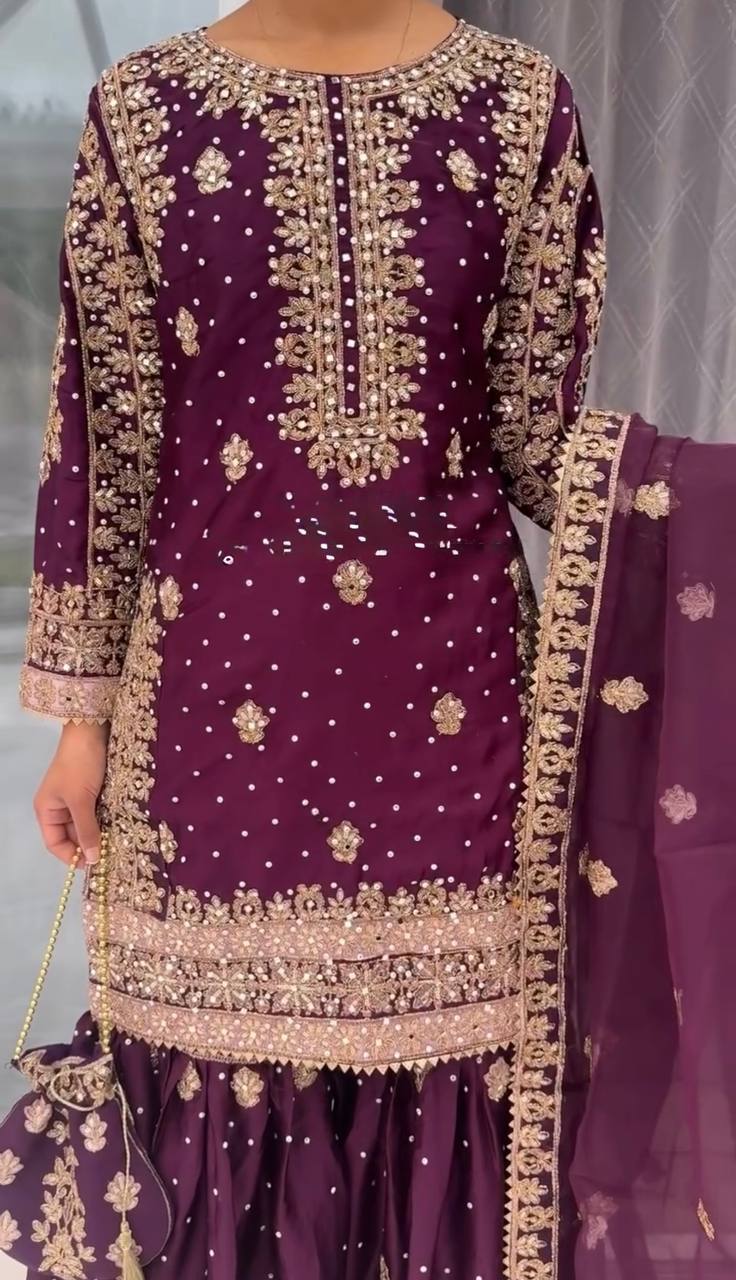 Royal Purple Designer Natural Crepe Silk Plazzo suit and Dupatta