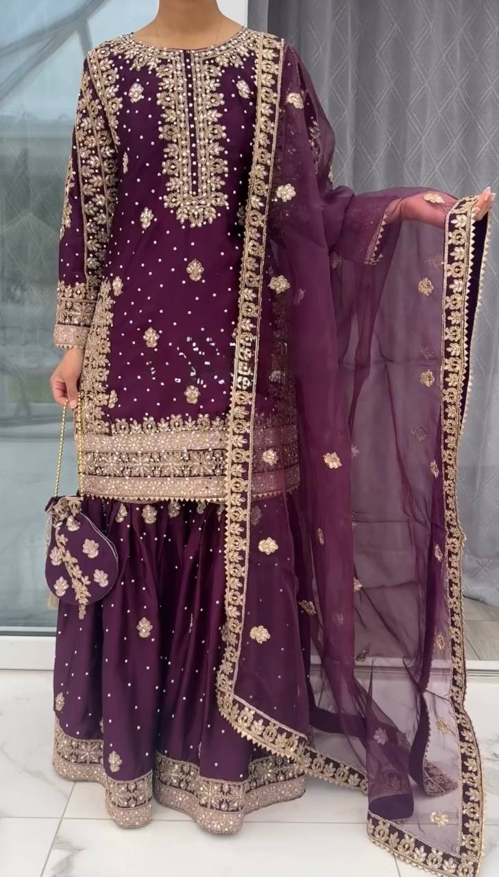 Royal Purple Designer Natural Crepe Silk Plazzo suit and Dupatta
