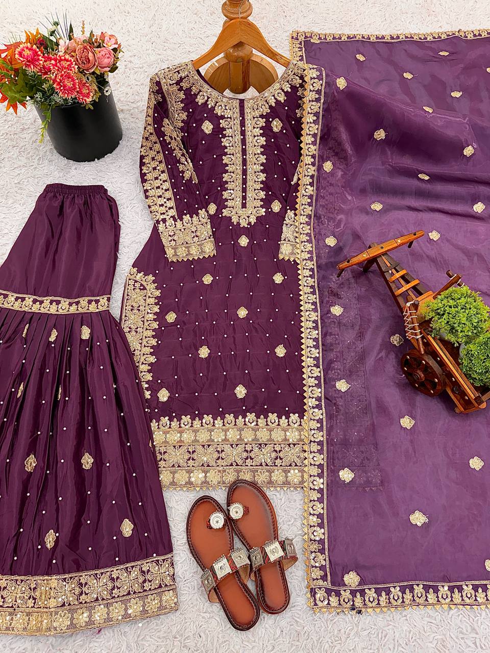 Royal Purple Designer Natural Crepe Silk Plazzo suit and Dupatta