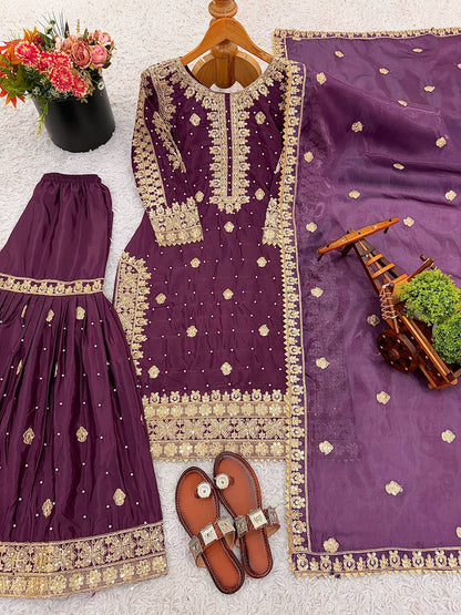 Royal Purple Designer Natural Crepe Silk Plazzo suit and Dupatta