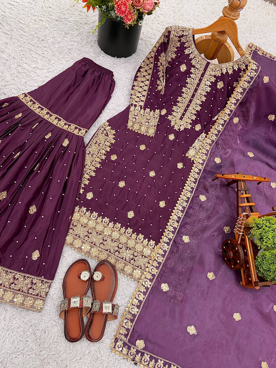 Royal Purple Designer Natural Crepe Silk Plazzo suit and Dupatta