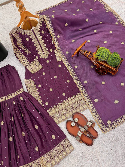 Royal Purple Designer Natural Crepe Silk Plazzo suit and Dupatta