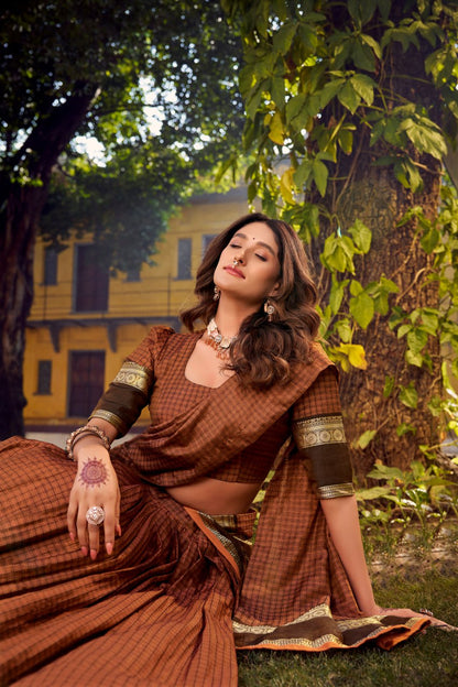 Rust Orange Chettinad Cotton Lehenga Choli with Matching Dupatta