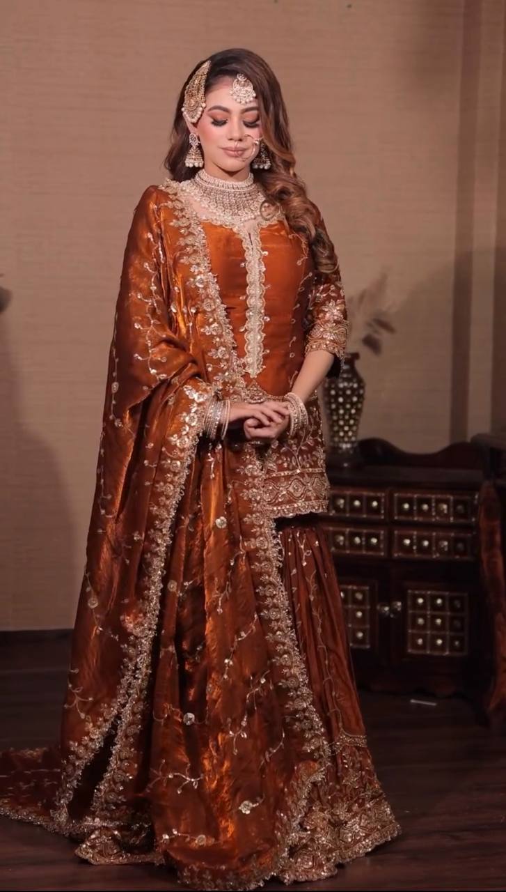 Rust Orange Designer Fendy Silk Top Bottom and Dupatta For Party Wear