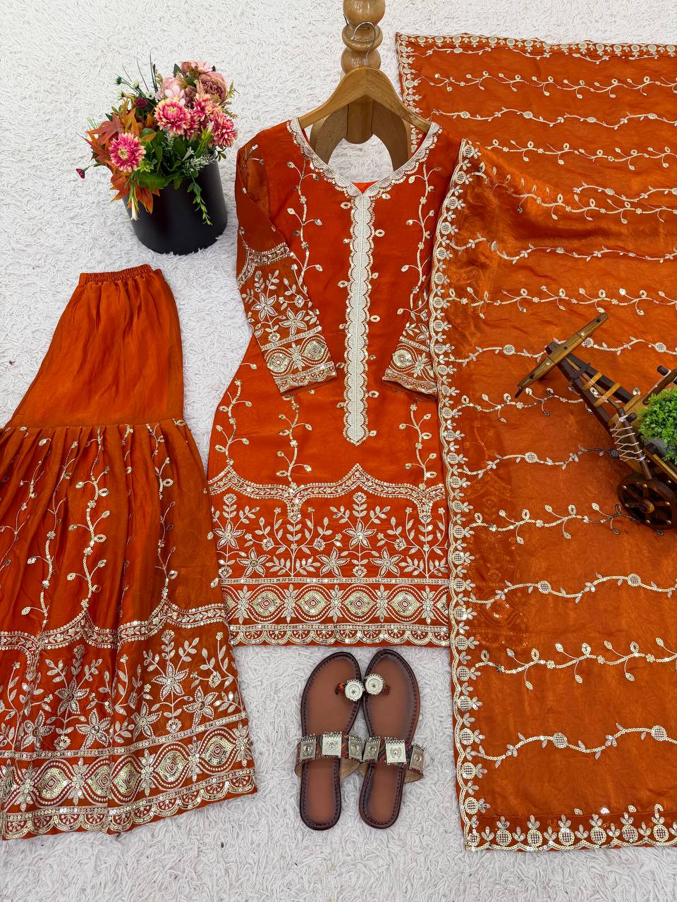 Rust Orange Designer Fendy Silk Top Bottom and Dupatta For Party Wear