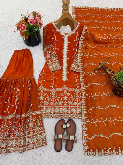 Rust Orange Designer Fendy Silk Top Bottom and Dupatta For Party Wear