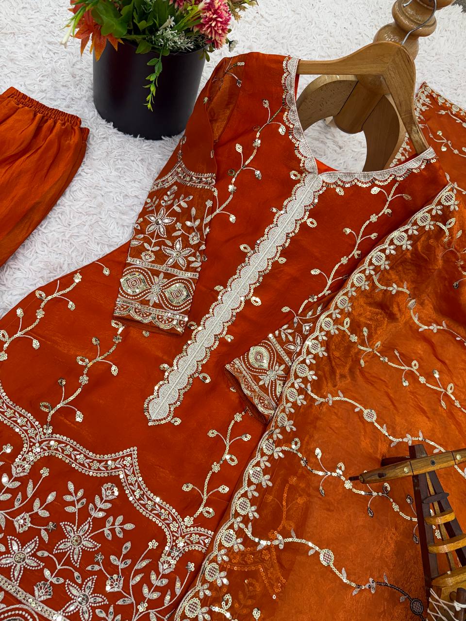 Rust Orange Designer Fendy Silk Top Bottom and Dupatta For Party Wear
