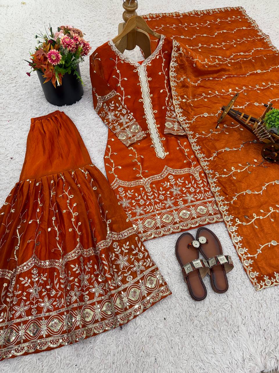 Rust Orange Designer Fendy Silk Top Bottom and Dupatta For Party Wear