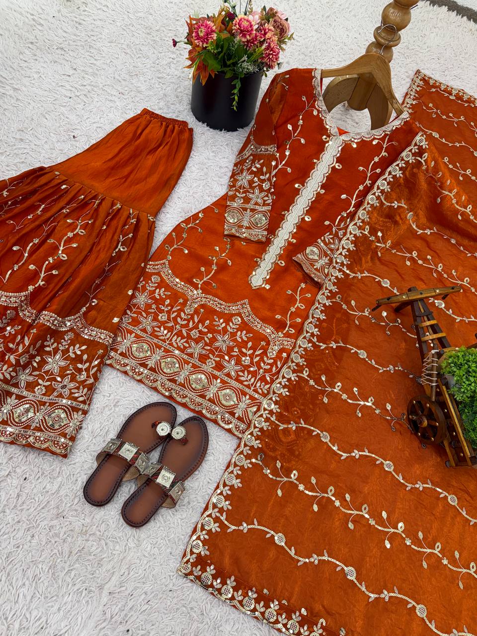 Rust Orange Designer Fendy Silk Top Bottom and Dupatta For Party Wear