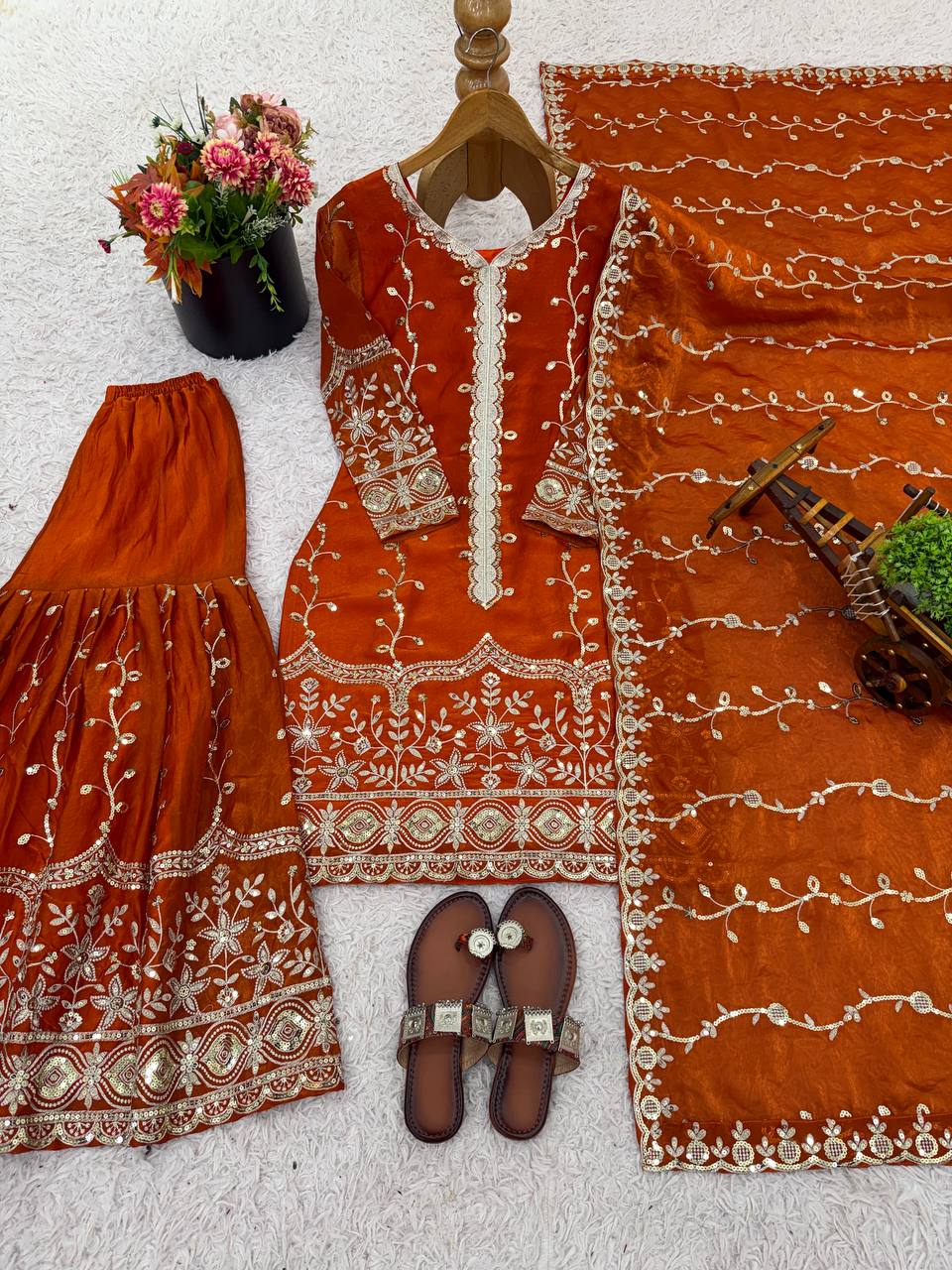 Rust Orange Designer Fendy Silk Top Bottom and Dupatta For Party Wear