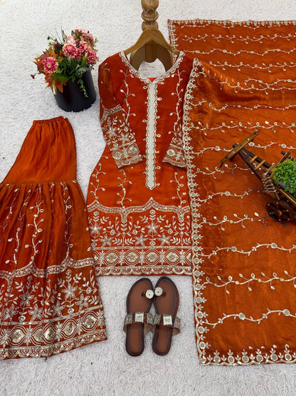 Rust Orange Designer Fendy Silk Top Bottom and Dupatta For Party Wear