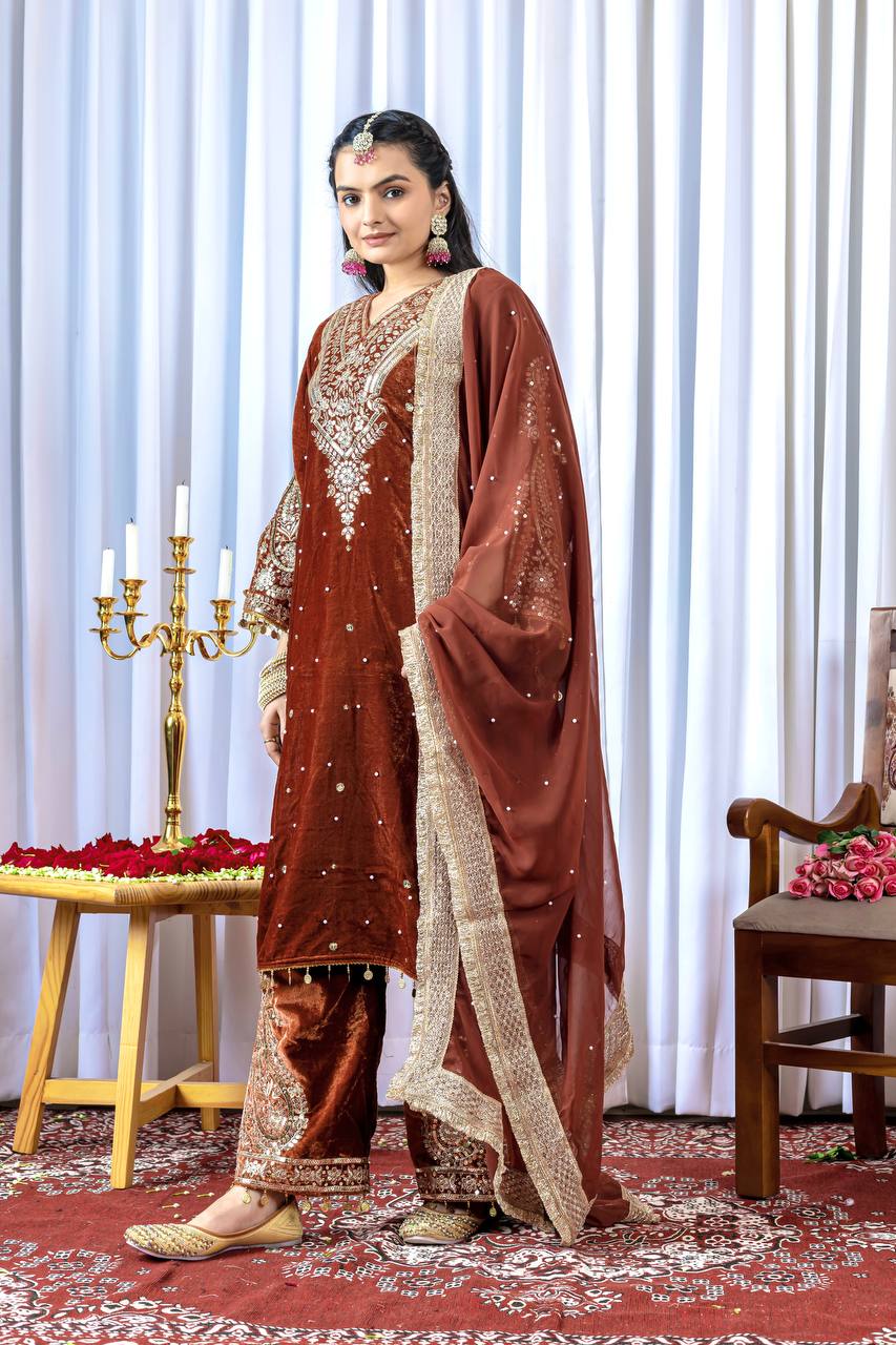Rust Orange Designer Viscose Velvet Plazzo Top and Dupatta For Party Wear