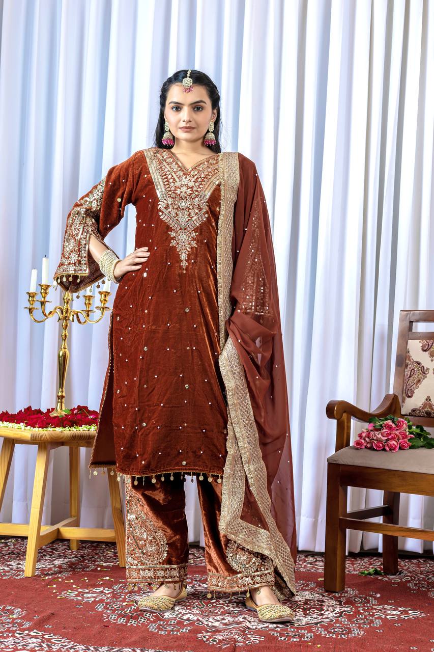 Rust Orange Designer Viscose Velvet Plazzo Top and Dupatta For Party Wear