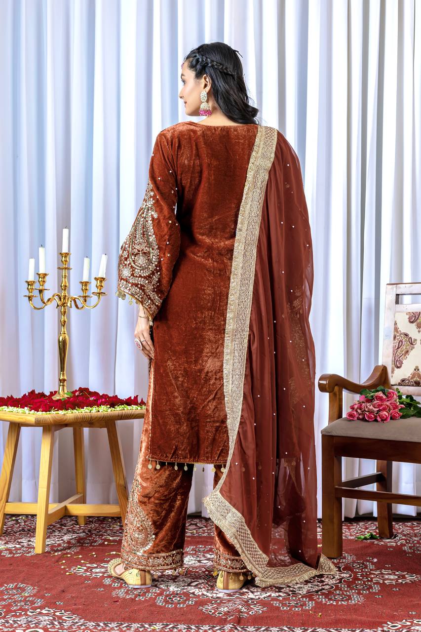 Rust Orange Designer Viscose Velvet Plazzo Top and Dupatta For Party Wear