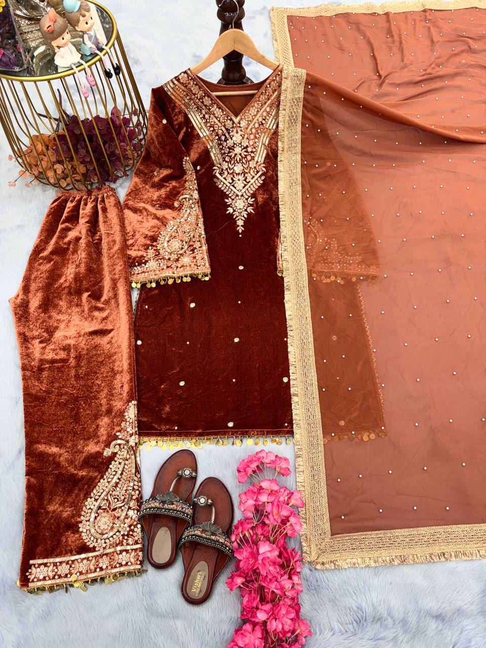 Rust Orange Designer Viscose Velvet Plazzo Top and Dupatta For Party Wear