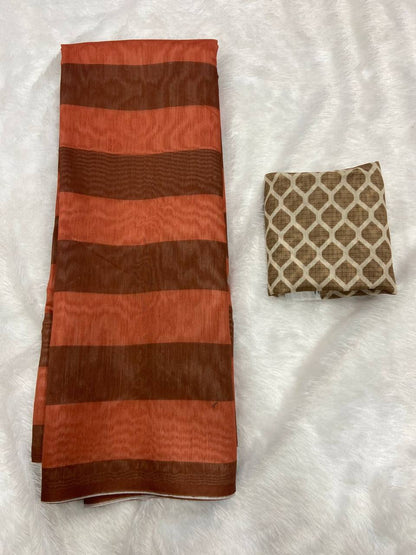 Rust Orange Mulmul Lightweight Cotton Digital Print Summer Saree 