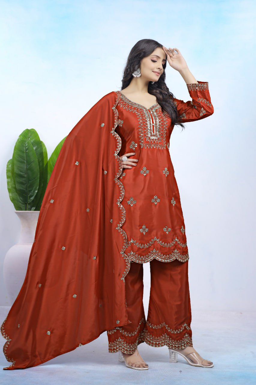 Rust Orange Natural Crepe Embroidery Suit Set with Sequin Work Dupatta