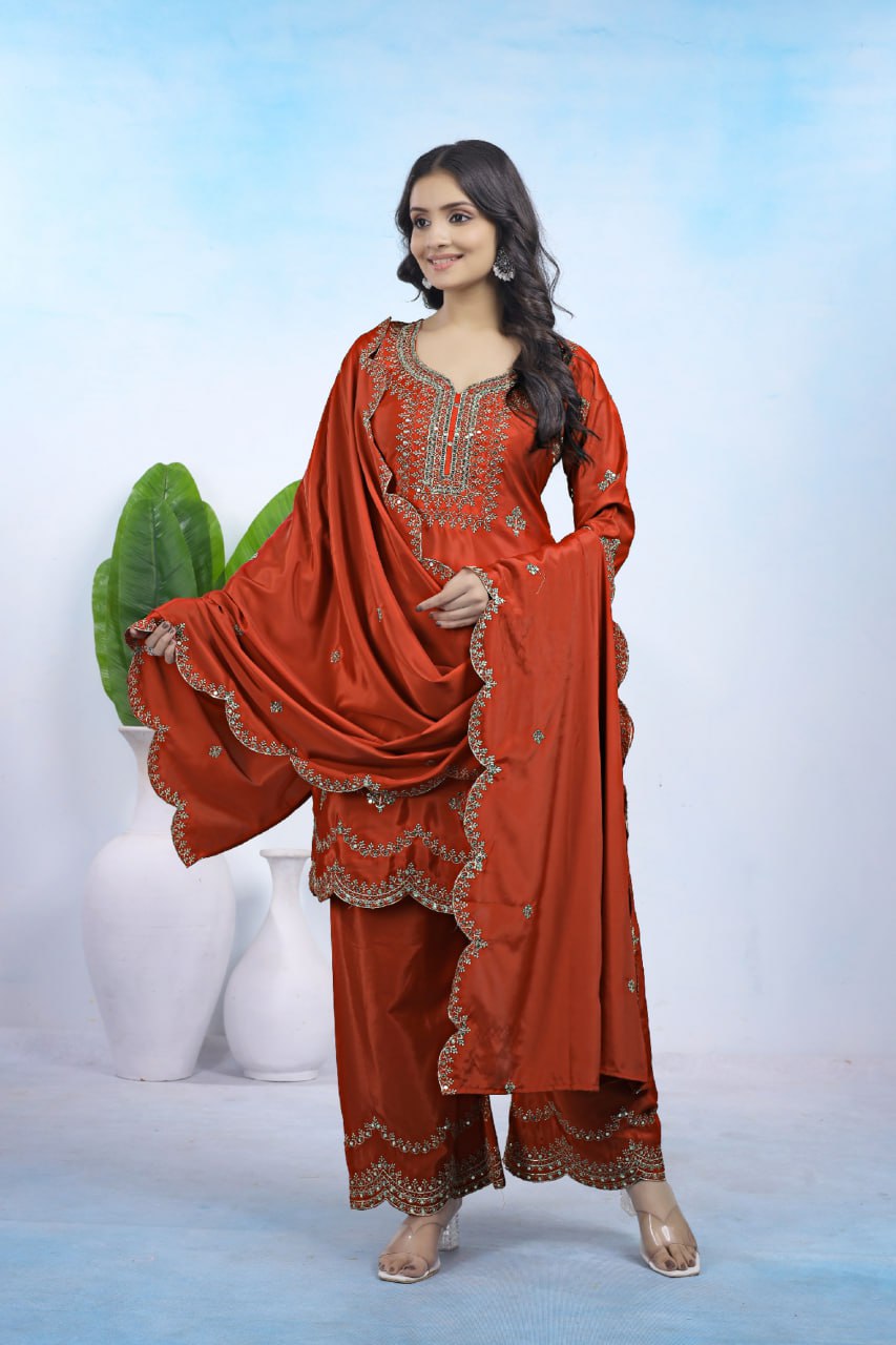 Rust Orange Natural Crepe Embroidery Suit Set with Sequin Work Dupatta