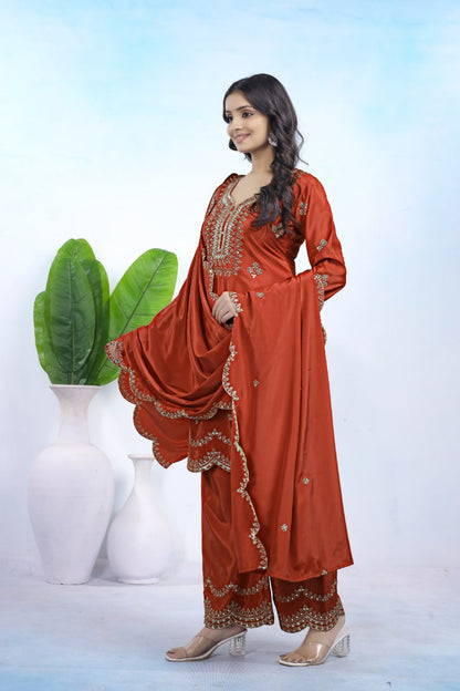 Rust Orange Natural Crepe Embroidery Suit Set with Sequin Work Dupatta