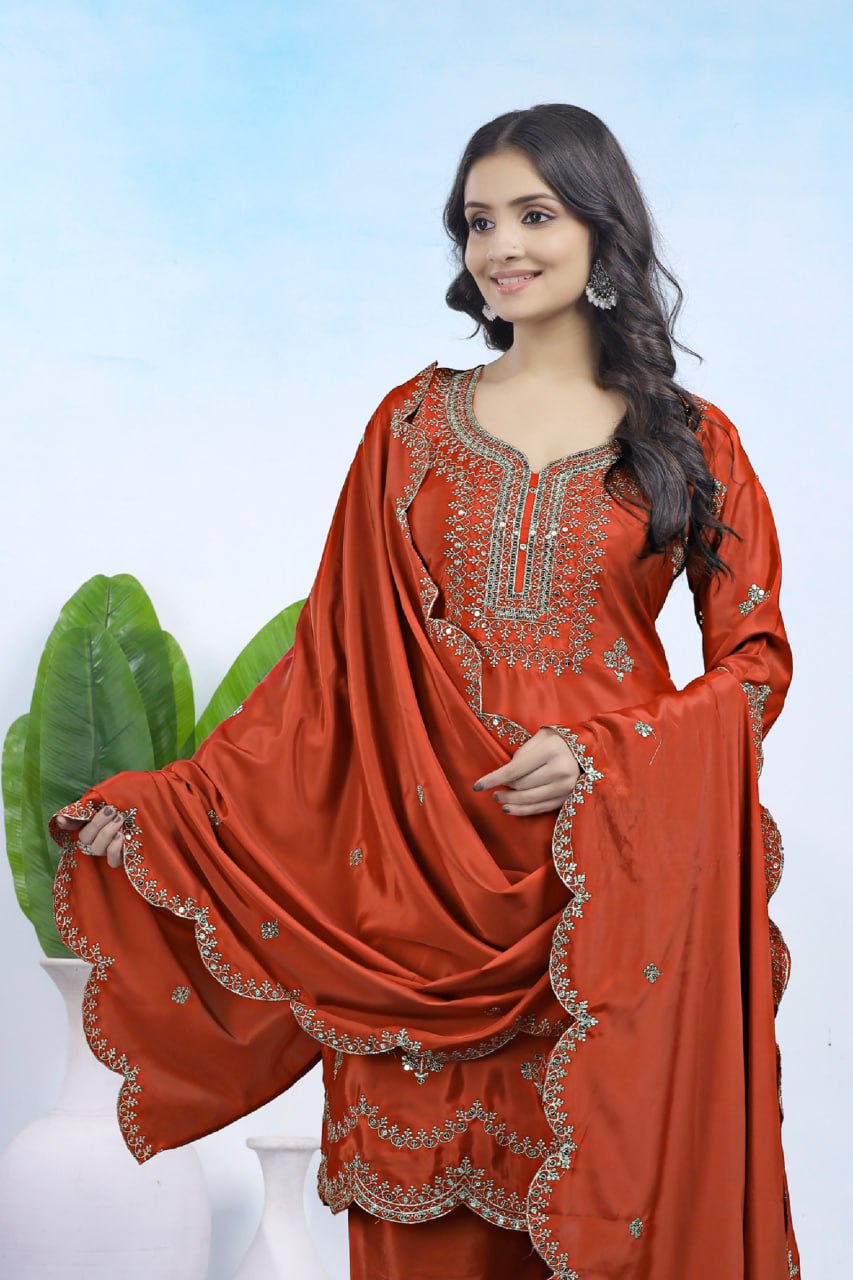 Rust Orange Natural Crepe Embroidery Suit Set with Sequin Work Dupatta