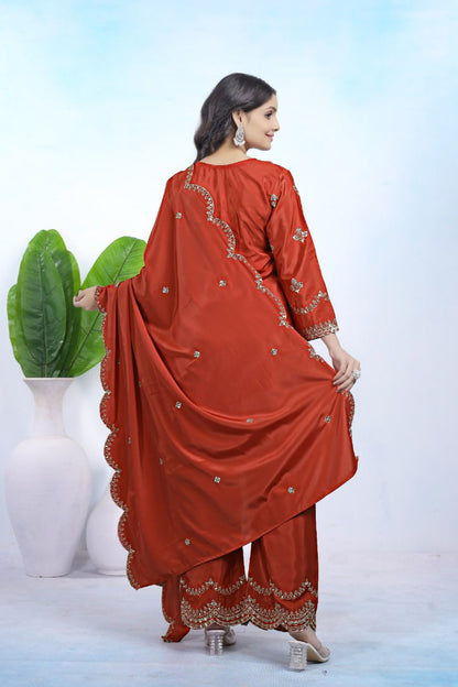 Rust Orange Natural Crepe Embroidery Suit Set with Sequin Work Dupatta