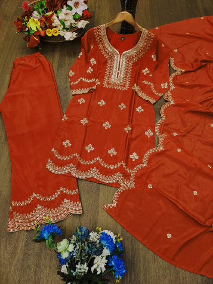 Rust Orange Natural Crepe Embroidery Suit Set with Sequin Work Dupatta