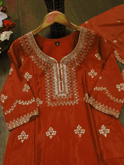 Rust Orange Natural Crepe Embroidery Suit Set with Sequin Work Dupatta