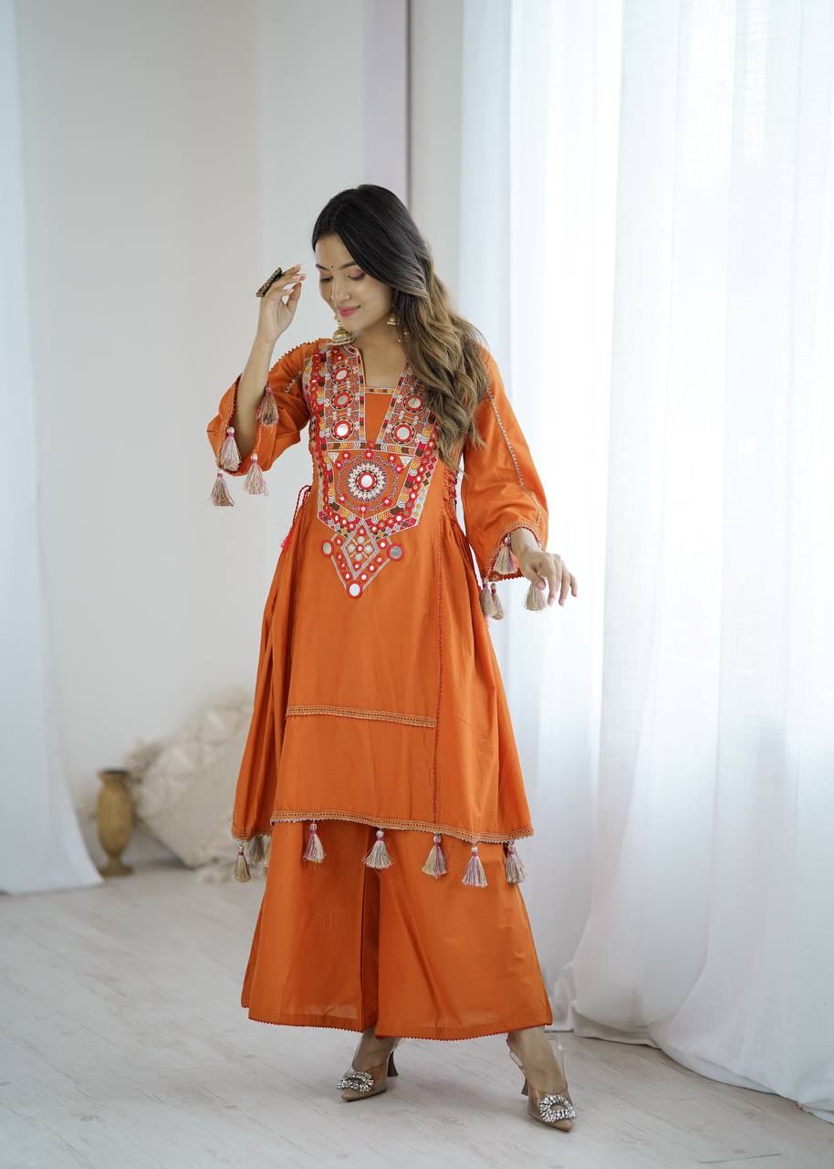 Rust Orange Pure Khadi Cotton Embroidery Mirror Work Palazzo Suit