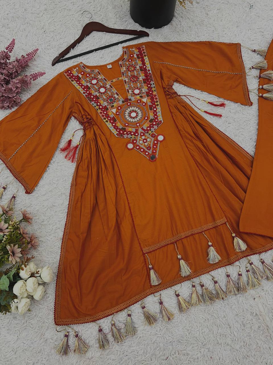 Rust Orange Pure Khadi Cotton Embroidery Mirror Work Palazzo Suit