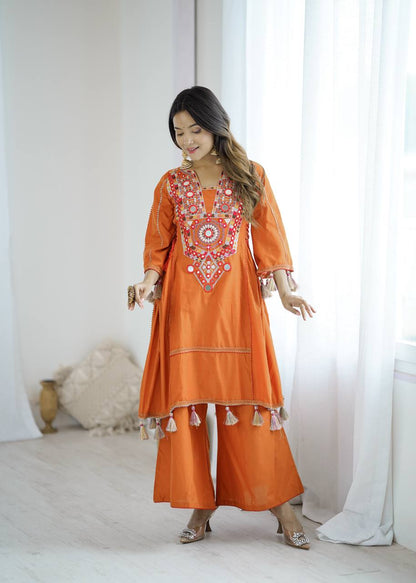 Rust Orange Pure Khadi Cotton Embroidery Mirror Work Palazzo Suit