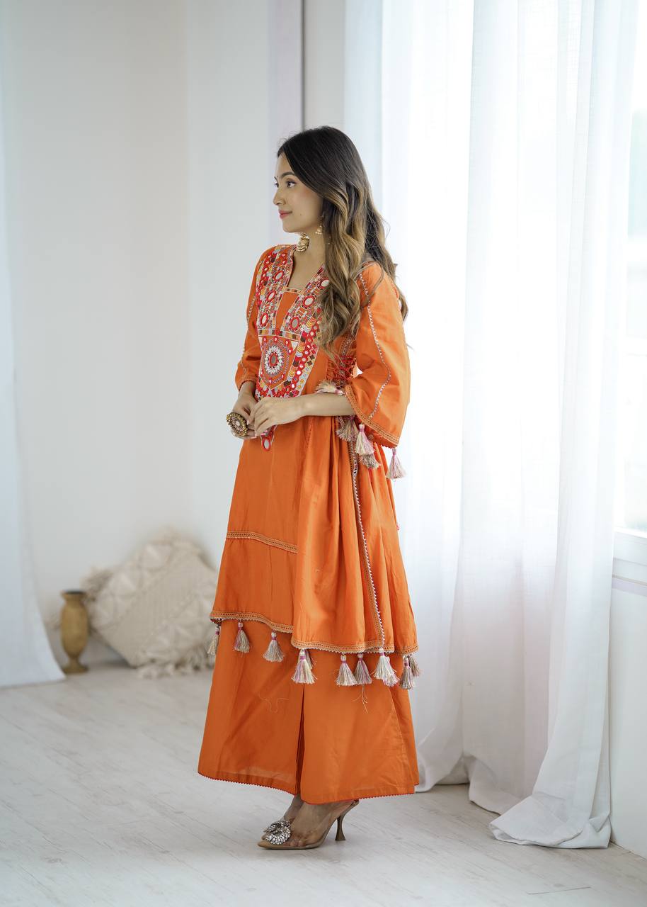 Rust Orange Pure Khadi Cotton Embroidery Mirror Work Palazzo Suit