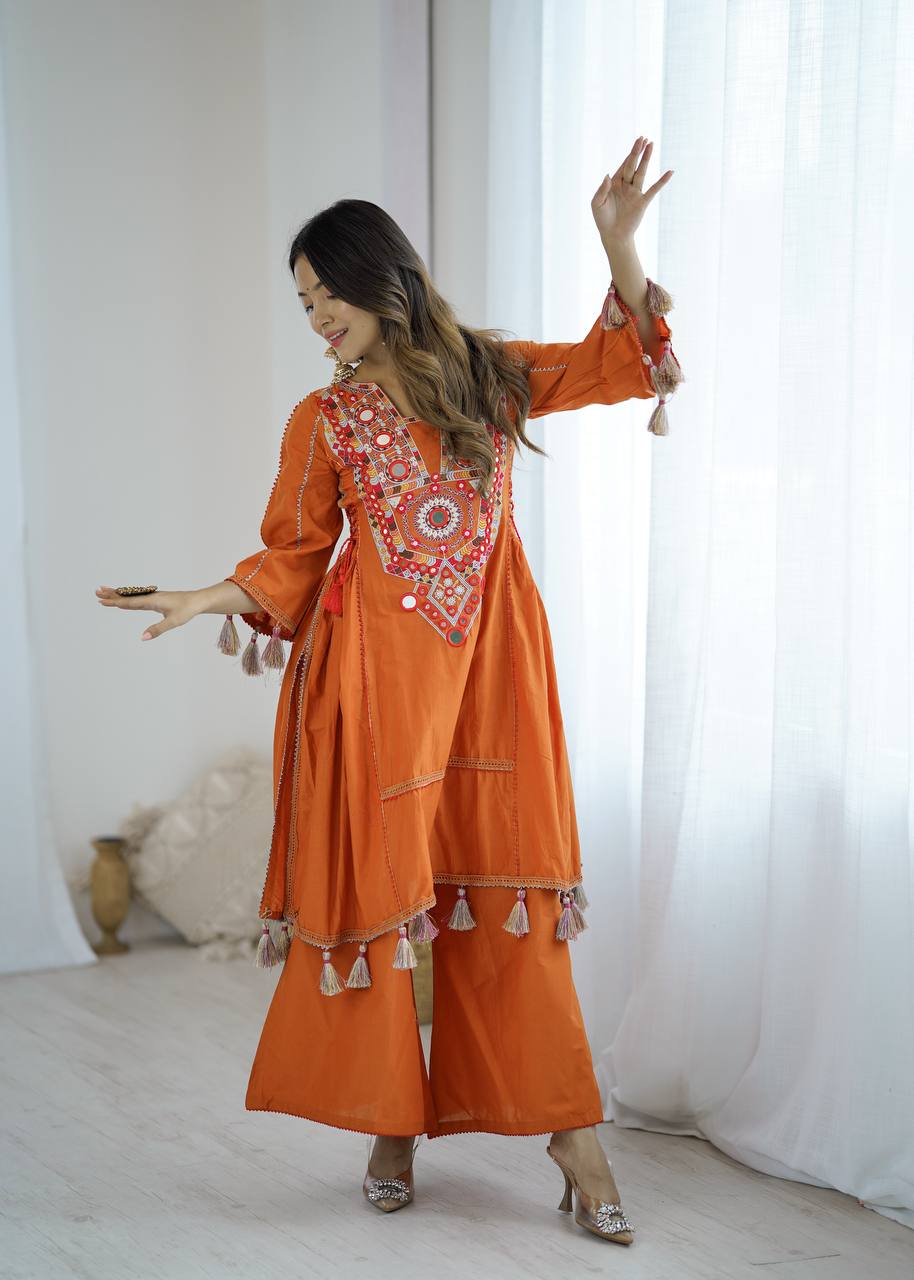 Rust Orange Pure Khadi Cotton Embroidery Mirror Work Palazzo Suit