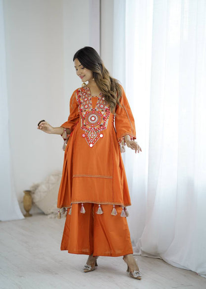Rust Orange Pure Khadi Cotton Embroidery Mirror Work Palazzo Suit
