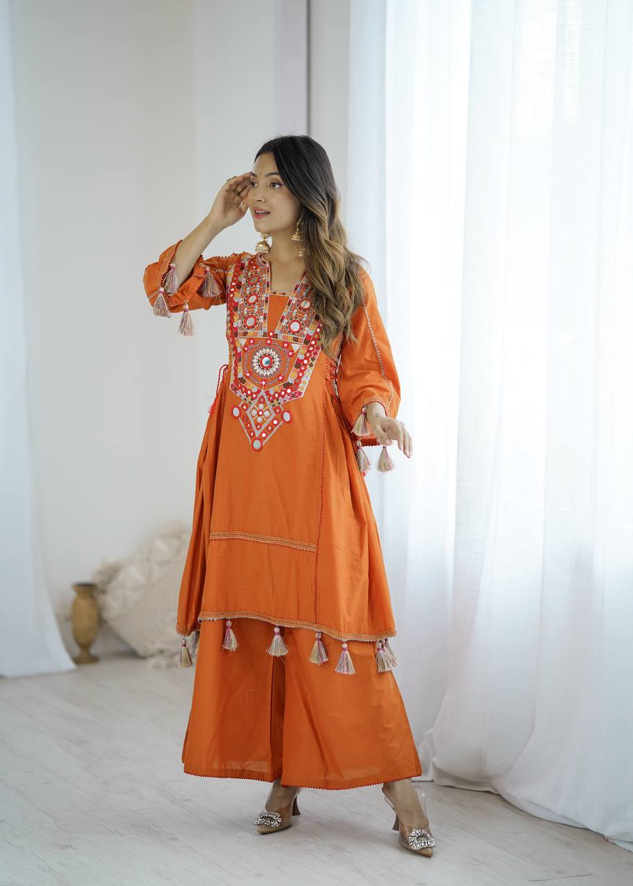 Rust Orange Pure Khadi Cotton Embroidery Mirror Work Palazzo Suit