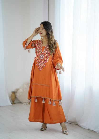 Rust Orange Pure Khadi Cotton Embroidery Mirror Work Palazzo Suit