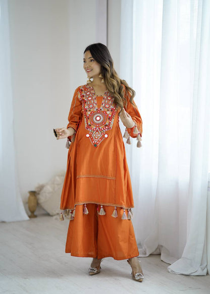 Rust Orange Pure Khadi Cotton Embroidery Mirror Work Palazzo Suit