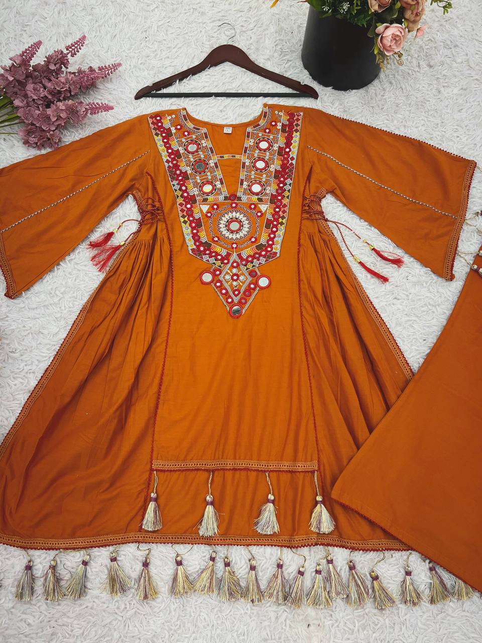 Rust Orange Pure Khadi Cotton Embroidery Mirror Work Palazzo Suit