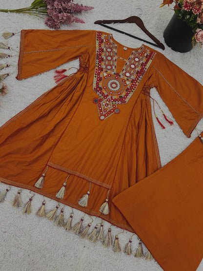 Rust Orange Pure Khadi Cotton Embroidery Mirror Work Palazzo Suit