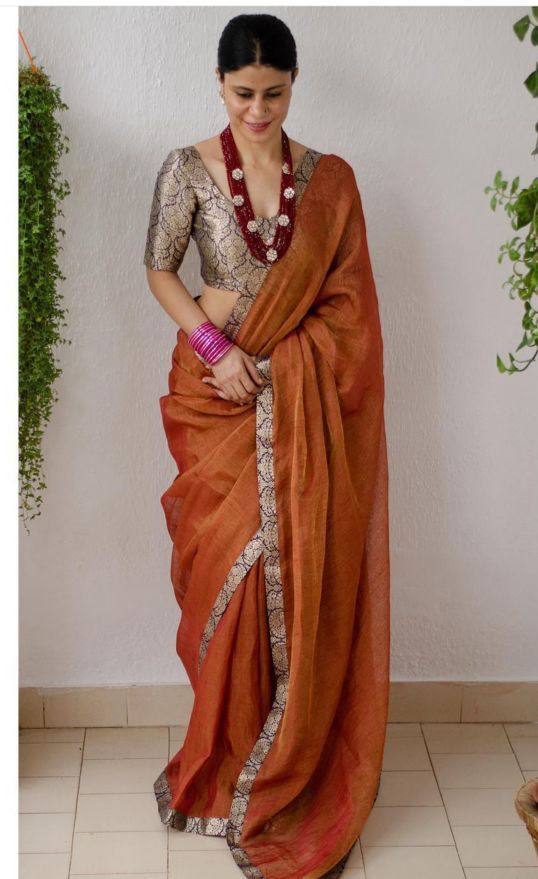 Rust Orange Upadda Silk Jacquard Weaving Saree with Banarasi Weaving Blouse