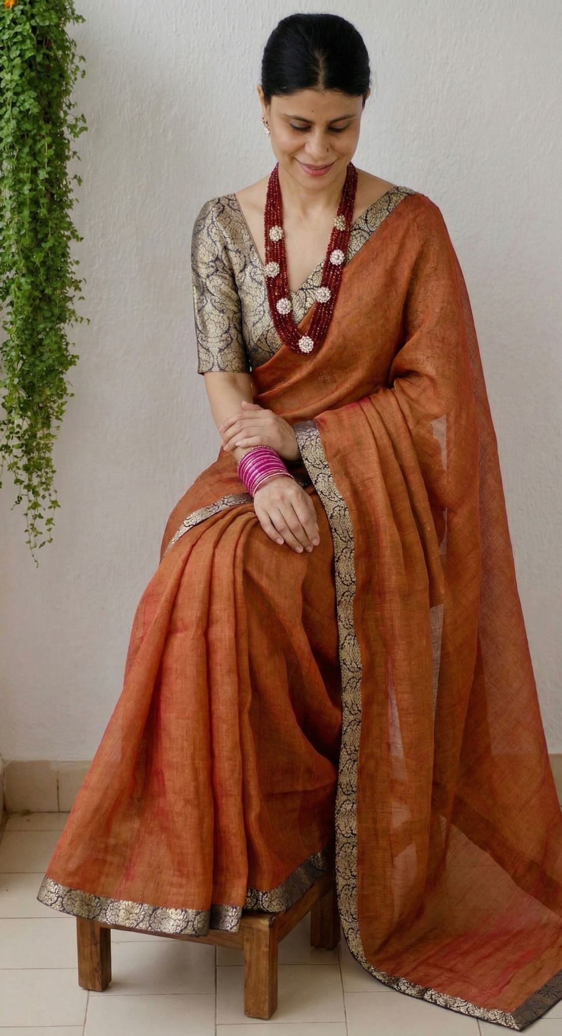 Rust Orange Upadda Silk Jacquard Weaving Saree with Banarasi Weaving Blouse