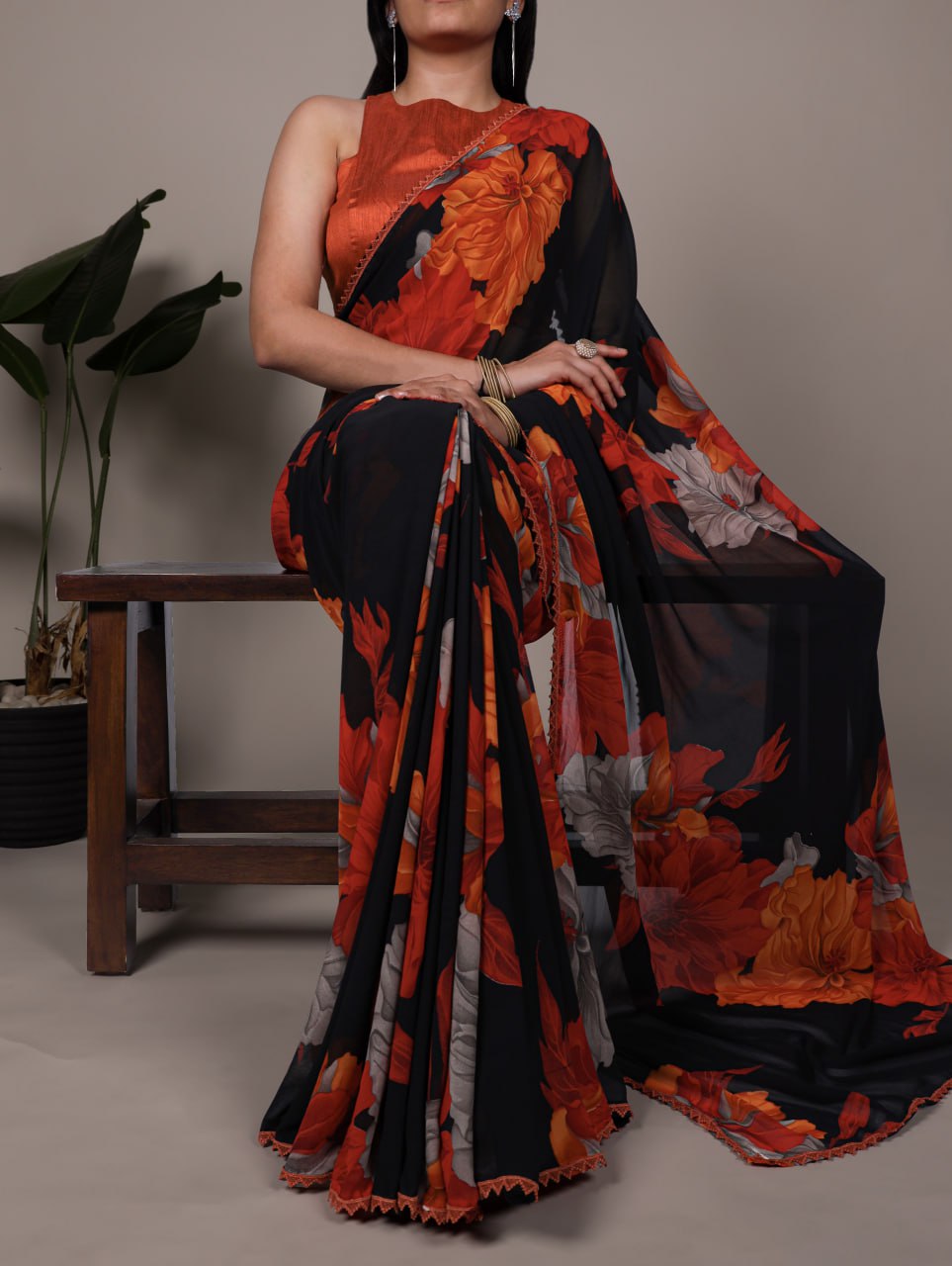 Rust Orange Weightless Marble Floral Printed Saree with Banglory Blouse