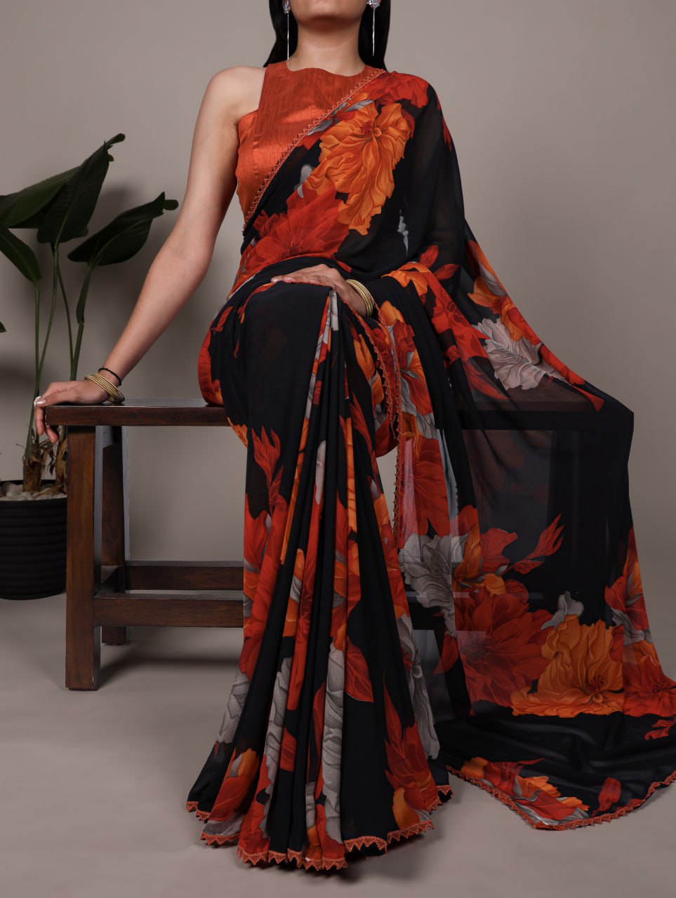 Rust Orange Weightless Marble Floral Printed Saree with Banglory Blouse