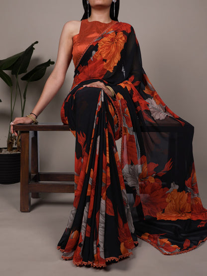 Rust Orange Weightless Marble Floral Printed Saree with Banglory Blouse